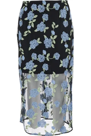 ROTATE Femme, Jupes, Multicolore, Taille: 42 FR Jupe crayon noire à motif floral et mesh