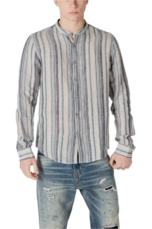 GIANNI LUPO Homme, Chemises, Multicolore, Taille: M Chemise en Lin à Rayures Bleues avec Col Mandarin