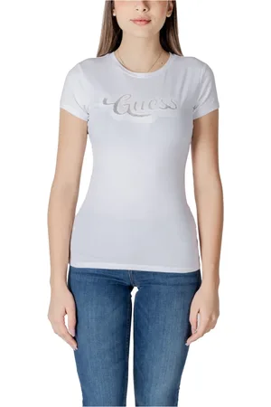 Guess Femme, Tops, Blanc, Taille: 44 FR T-shirt Blanc Imprimé Col Rond