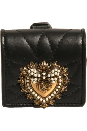 Dolce & Gabbana Femme, Accessoires, Noir, Taille: ONE Size Étui Airpod en cuir noir avec sangle en forme de cœur