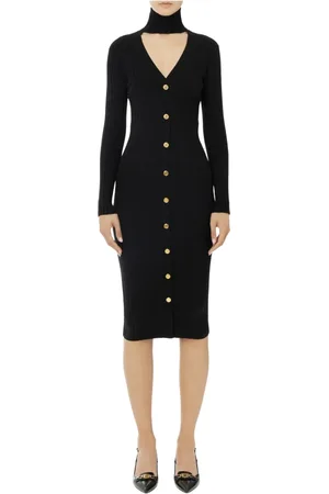 Elisabetta Franchi Femme, Robes, Noir, Taille: 38 FR Robe Midi Côtelée à Manches Longues