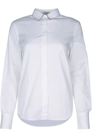 Brunello Cucinelli Femme, Blouses et Chemises, Blanc, Taille: 42 FR Chemise en Popeline de Coton avec Bordure Monili