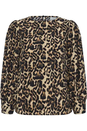 Kaffe Femme, Blouses et Chemises, Brun, Taille: 48 FR Chemisier Imprimé Léopard Manches 3/4