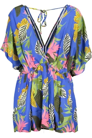 Desigual Femme, Robes, Multicolore, Taille: 42 FR Robe Bleue à Imprimé Tropical Manches Courtes Col en V