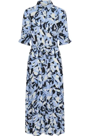 Kaffe Femme, Robes, Bleu, Taille: 36 FR Robe Bleue à Imprimé Floral et Col Chemise