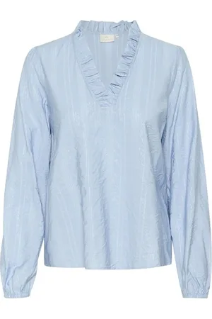 Kaffe Femme, Blouses et Chemises, Bleu, Taille: 44 FR Chemisier Chambray Féminin avec Volant