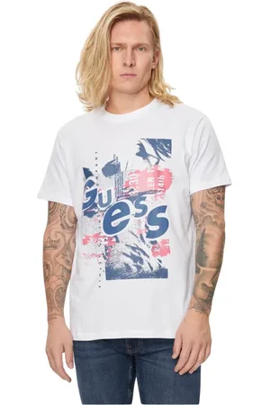Guess Homme, Tops, Blanc, Taille: L T-shirt en coton imprimé