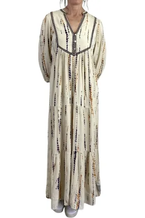Bash Femme, Robes, Multicolore, Taille: 36 FR Robe Longue Beige à Col en V et Manches Longues