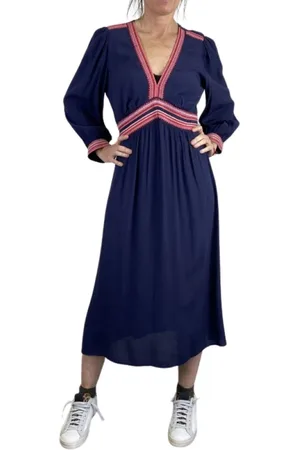 Bash Femme, Robes, Bleu, Taille: 38 FR Robe à Manches Longues avec Détail Rouge