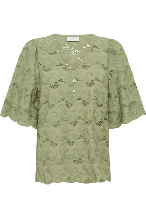 Kaffe Femme, Blouses et Chemises, Vert, Taille: 48 FR Chemisier Élégant avec Broderie Vert Pétrole