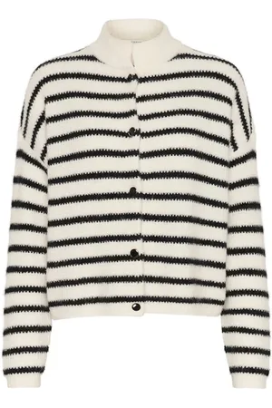 Gestuz Femme, Pulls, Blanc, Taille: 38 FR Veste Cardigan Courte à Rayures