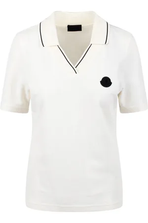 Moncler Femme, Tops, Blanc, Taille: 40 FR Polo avec Logo Patch et Bordure Rayée