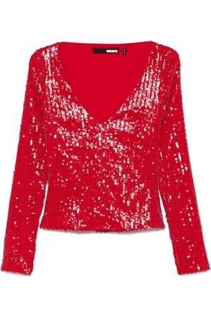 ROTATE Femme, Blouses et Chemises, Rouge, Taille: 40 FR Haut à sequins rouge à col en V