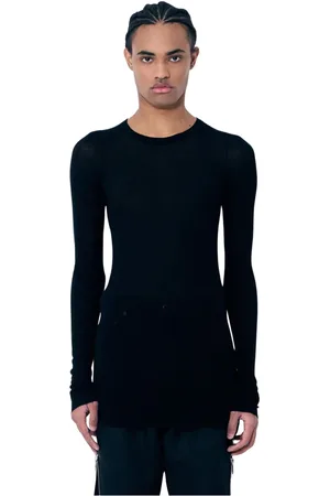 Rick Owens Homme, Tops, Noir, Taille: M T-shirt col rond à manches longues en maille côtelée transparente