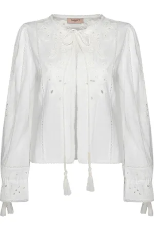 Twin-Set Femme, Blouses et Chemises, Blanc, Taille: 40 FR Chemise Blanche en Coton et Lin avec Broderie Pintuck