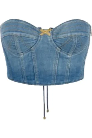 Elisabetta Franchi Femme, Tops, Bleu, Taille: 40 FR Haut Bustier en Denim avec Détail en Dentelle