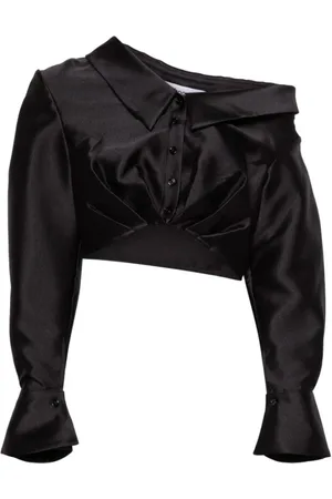 Self-Portrait Femme, Blouses et Chemises, Noir, Taille: 36 FR Top Court en Taffetas à Encolure Asymétrique