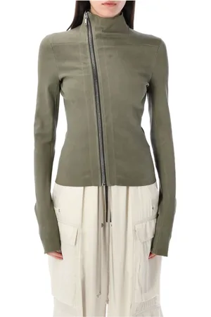 Rick Owens Femme, Vestes, Vert, Taille: 38 FR Veste en cuir Celadon à fermeture éclair asymétrique