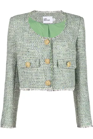 Self-Portrait Femme, Vestes, Vert, Taille: 40 FR Élégant Blazer Court en Bouclé Vert