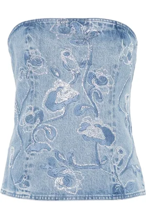 ROTATE Femme, Tops, Bleu, Taille: 36 FR Robe en denim bleu indigo avec broderies florales