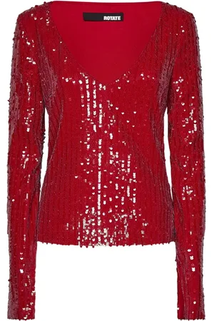 ROTATE Femme, Blouses et Chemises, Rouge, Taille: 38 FR Chemisier rouge à col en V et manches longues ajusté