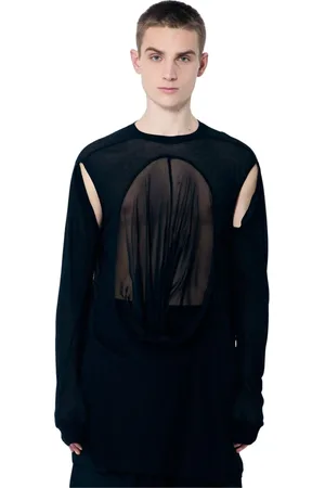 Rick Owens Homme, Tops, Noir, Taille: L T-Shirt à Panneaux en Coton Col Rond Manches Longues
