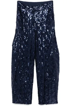 ROTATE Femme, Pantalons, Bleu, Taille: 36 FR Pantalon Cargo Bleu Marine Ceinturé à Sequins