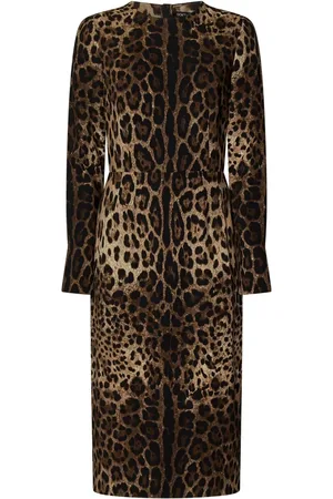Dolce & Gabbana Femme, Robes, Brun, Taille: 40 FR Robe Midi Imprimé Léopard Marron