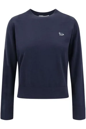 Maison Kitsuné Femme, Pulls, Bleu, Taille: 40 FR Pull en Laine avec Patch Renard et Détails Côtelés
