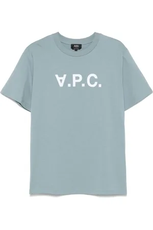 A.P.C. Homme, Tops, Bleu, Taille: M T-shirt Bleu Col Rond Logo Velours