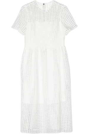 DKNY Femme, Robes, Blanc, Taille: 36 FR Robe Midi Col Jewel Dentelle Beige