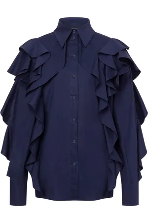 Alberta Ferretti Femme, Blouses et Chemises, Bleu, Taille: 34 FR Chemise Bleue à Volants et Boutons
