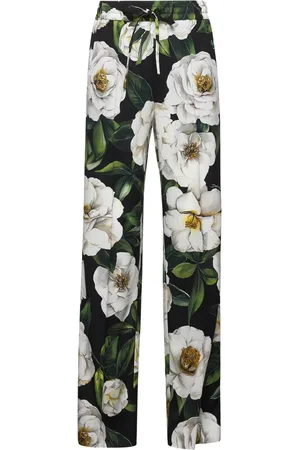 Dolce & Gabbana Femme, Pantalons, Multicolore, Taille: 38 FR Pantalon en Charmeuse de Soie Imprimé Gardenia