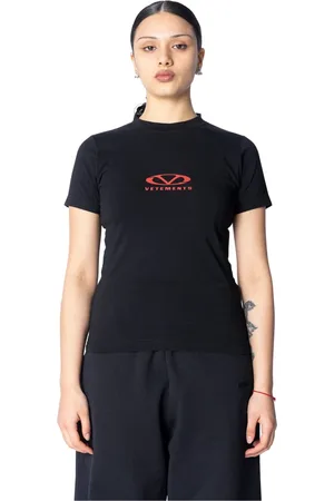 Vetements Femme, Tops, Noir, Taille: 38 FR T-shirt Ajusté Noir/Rouge avec Logo Ovale