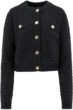 VERSACE Femme, Pulls, Noir, Taille: 38 FR Cardigan Bouclé Tweed avec Boutons Medusa