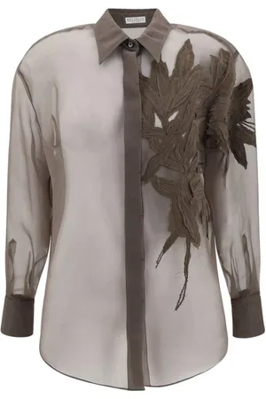 Brunello Cucinelli Femme, Blouses et Chemises, Brun, Taille: 38 FR Chemise en soie avec détail de feuille brodée