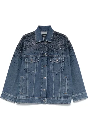 7 for all Mankind Femme, Vestes, Bleu, Taille: 38 FR Veste d`extérieur bleue ornée de strass