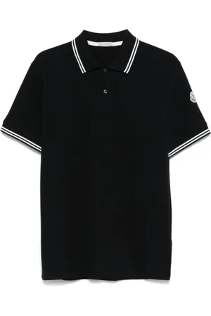 Moncler Homme, Tops, Bleu, Taille: L Polo en Piqué de Coton Bleu Foncé avec Bordures Rayées