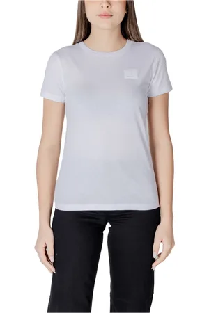 Armani Exchange Femme, Tops, Blanc, Taille: 38 FR T-shirt Blanc en Coton Col Rond