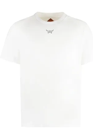 MCM Homme, Tops, Blanc, Taille: S T-Shirt en Coton Bio à Col Rond