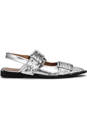 Ganni Femme, Chaussures, Gris, Taille: 36 EU Effet Métallique Chaussures Bout Pointu Slingback