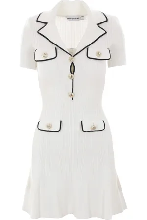 Self-Portrait Femme, Robes, Blanc, Taille: 40 FR Robe Tricotée Côtelée Blanche Col V
