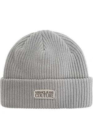 VERSACE Homme, Accessoires, Gris, Taille: ONE Size Chapeau Gris Logo Plaque Beanie