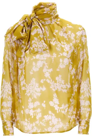 Elisabetta Franchi Femme, Blouses et Chemises, Jaune, Taille: 42 FR Chemisier en Soie Vert à Fleurs avec Foulard