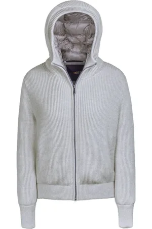 MOORER Femme, Sweatshirts et sweats à capuche, Blanc, Taille: 36 FR Veste bomber à capuche tricotée