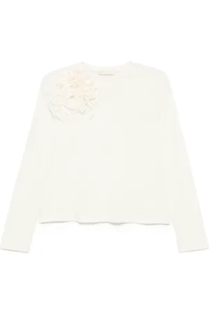 ULLA JOHNSON Femme, Tops, Blanc, Taille: 38 FR Floral Manches Longues Coton Biologique T-shirt