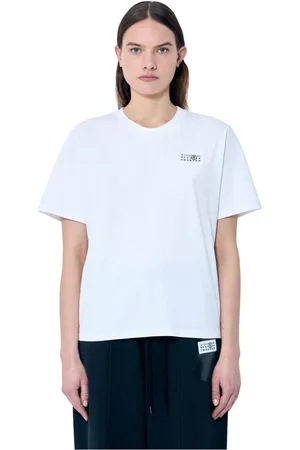 Maison Margiela Femme, Tops, Blanc, Taille: 38 FR T-shirt ras du cou avec patch logo