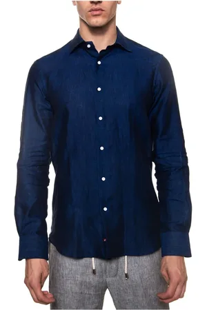 Carrel Homme, Chemises, Bleu, Taille: S Chemise en Lin Italien avec Boutons Contrastants