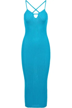 Iceberg Femme, Robes, Bleu, Taille: 40 FR Robe Crayon Turquoise à Encolure Basse Côtelée