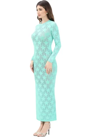 AKEP Femme, Robes, Bleu, Taille: 40 FR Robe Longue en Tricot Vert avec Broderie Étoile